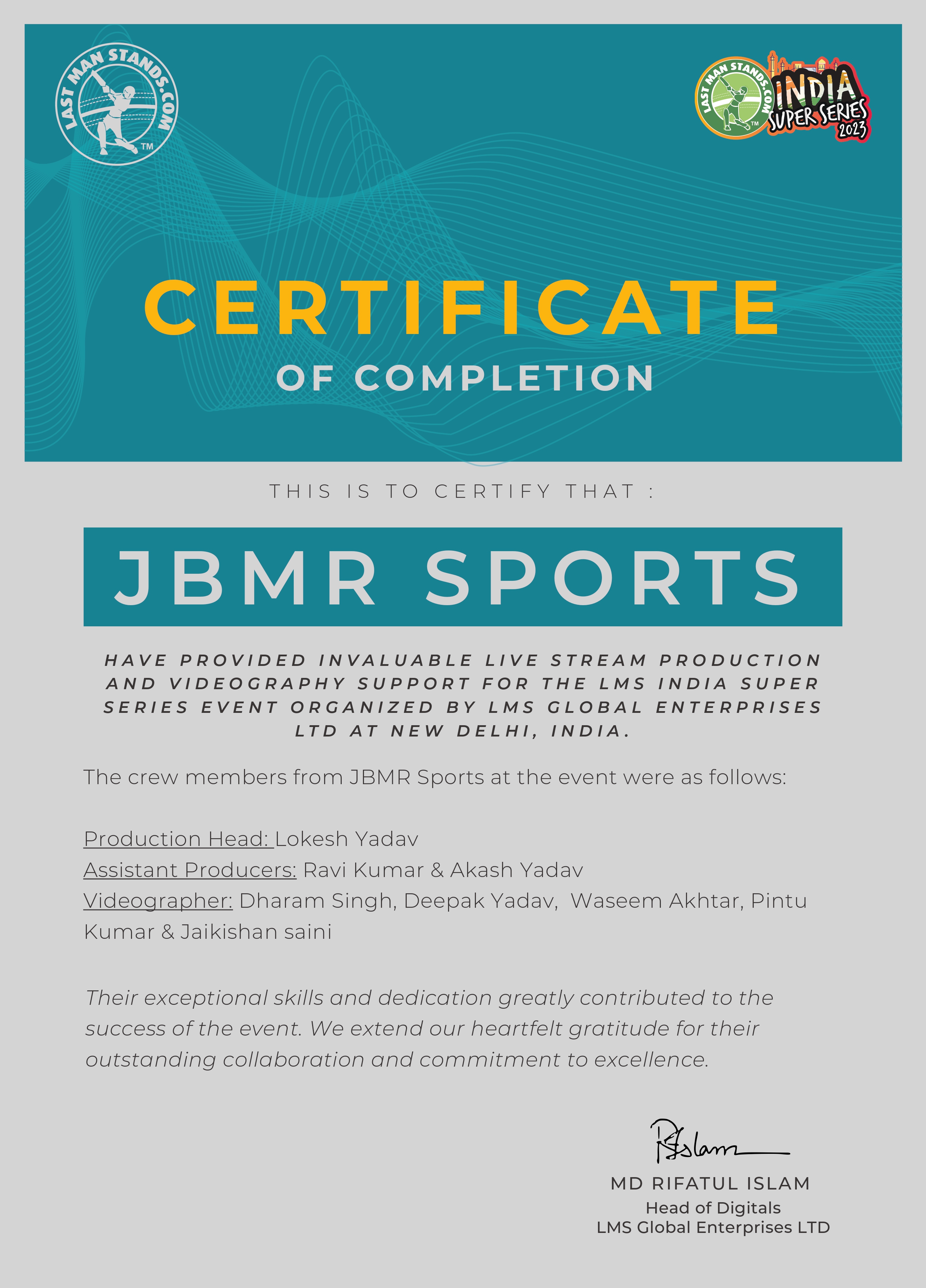 Certificate for LMS India Super Series